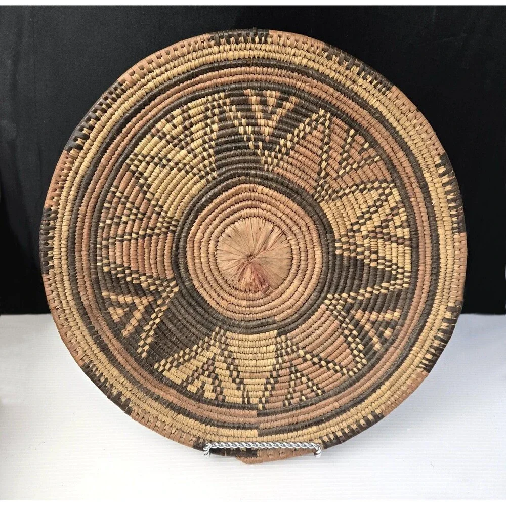African Hand Woven Coiled Flat Basket Tray Geometric Vintage 12.5